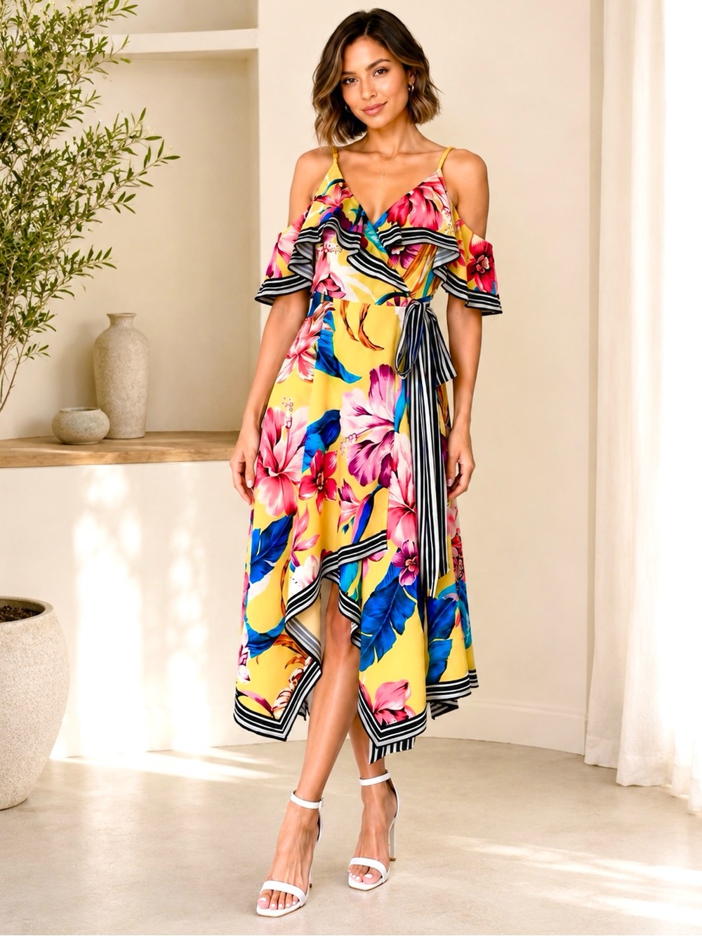 Fashion Nova Wrap Tropical Crepe Dress Cold Shoulder Asymmetrical Hemline